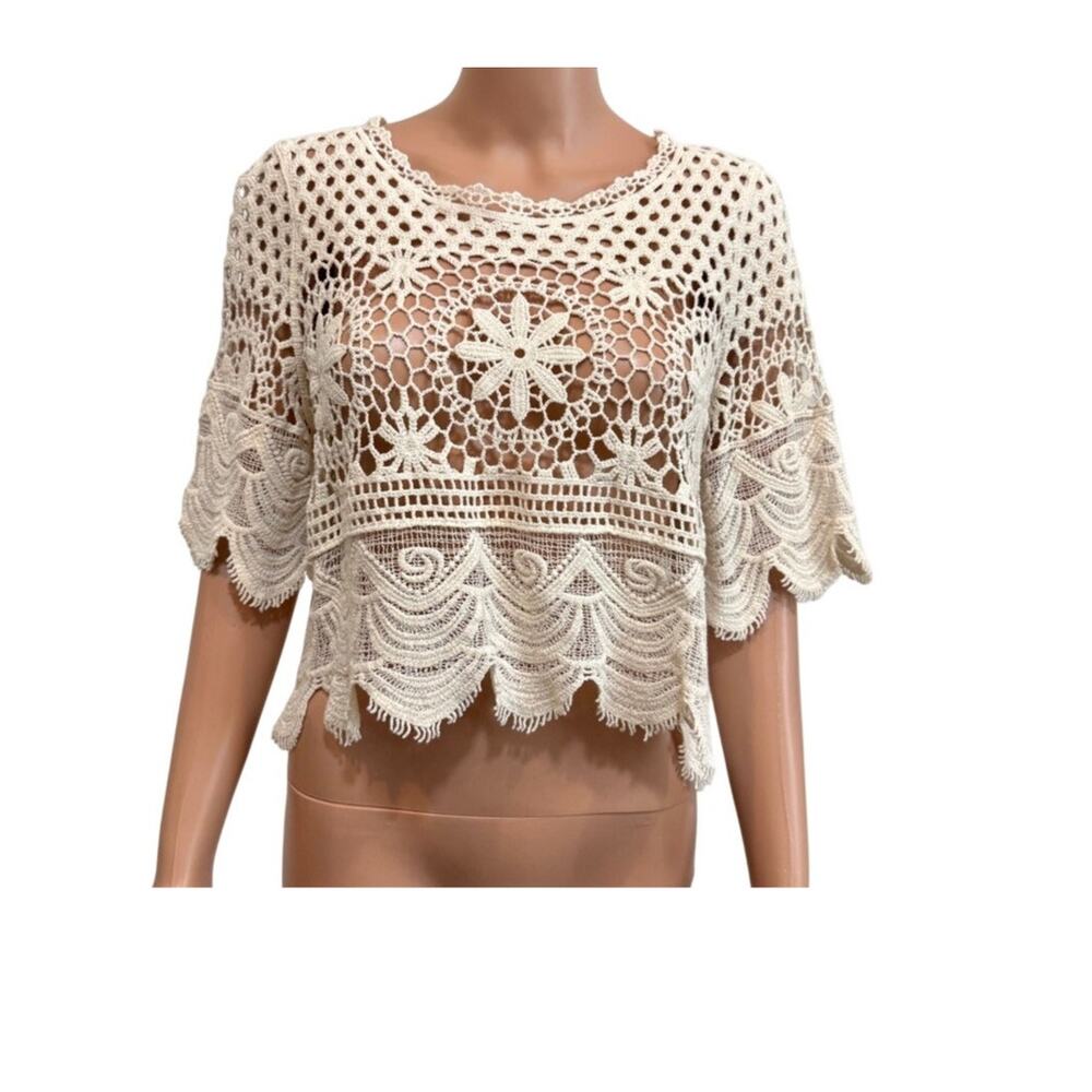 new Rebellion Again medium crochet scalloped cover sheer crop top TB2 3471